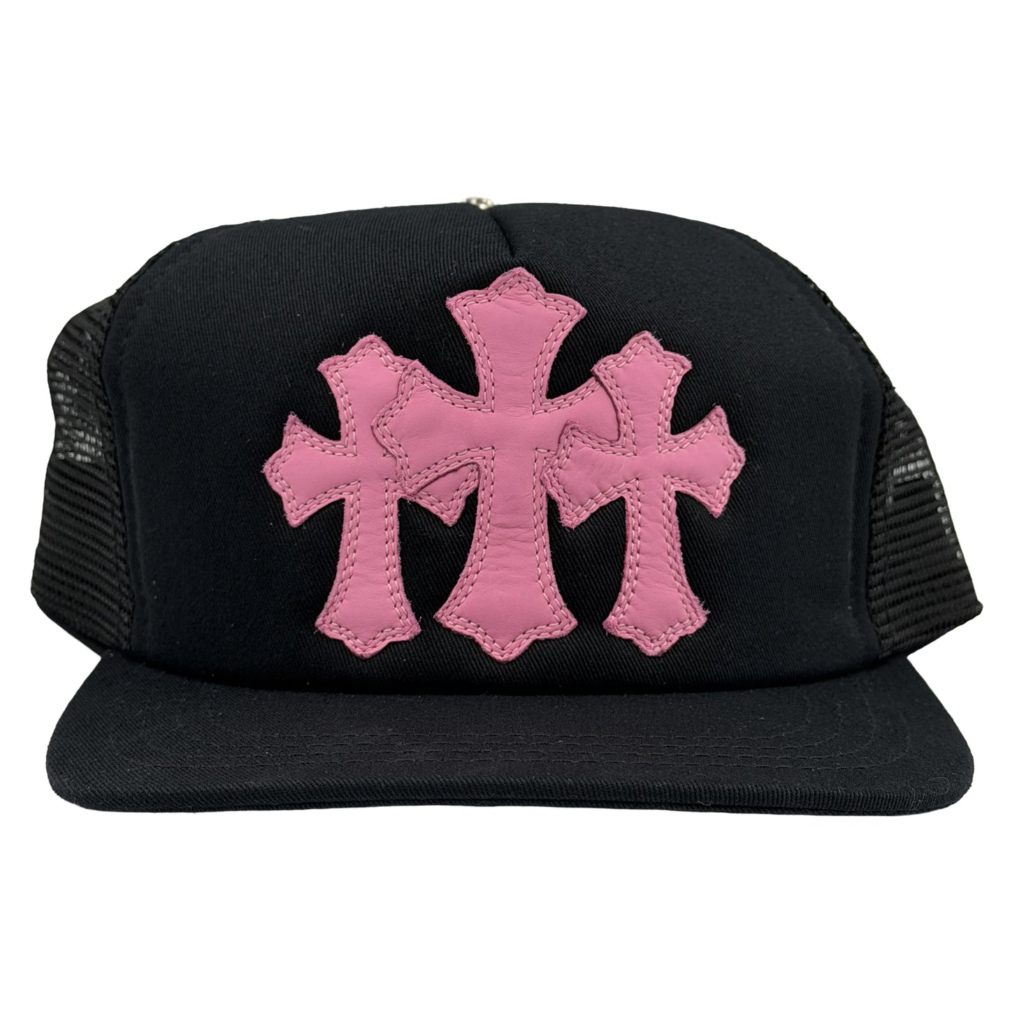 Chrome Hearts Leather Cemetery Cross Patch Trucker Hat Black/Pink