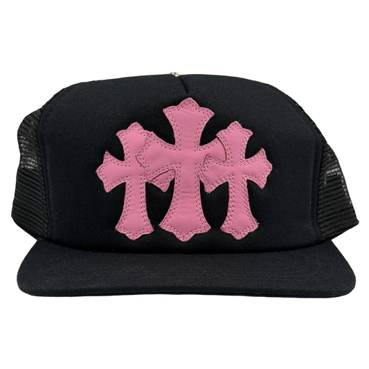 Chrome Hearts Leather Cemetery Cross Patch Trucker Hat Black/Pink